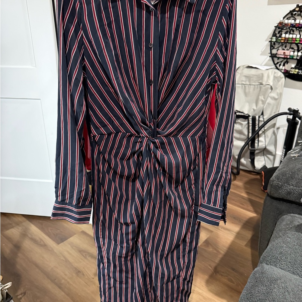 Striped Long Sleeve Dress - Navy and Red